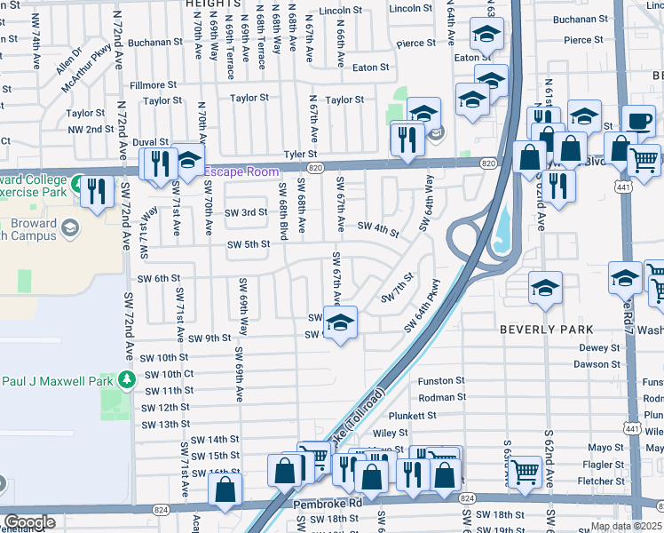 map of restaurants, bars, coffee shops, grocery stores, and more near 610 Southwest 67th Avenue in Pembroke Pines