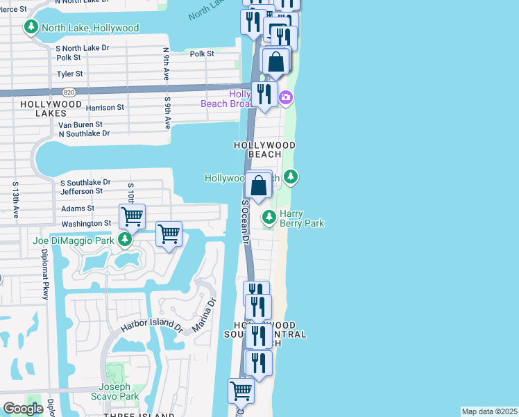 map of restaurants, bars, coffee shops, grocery stores, and more near 1201 South Ocean Drive in Hollywood
