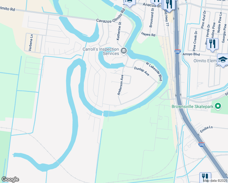 map of restaurants, bars, coffee shops, grocery stores, and more near 6139 West Lakeside Boulevard in Olmito
