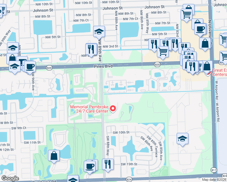 map of restaurants, bars, coffee shops, grocery stores, and more near 8713 Southwest 5th Street in Pembroke Pines