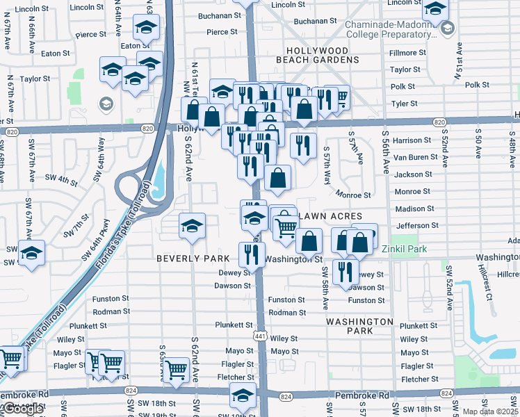 map of restaurants, bars, coffee shops, grocery stores, and more near 425 Florida 7 in Margate