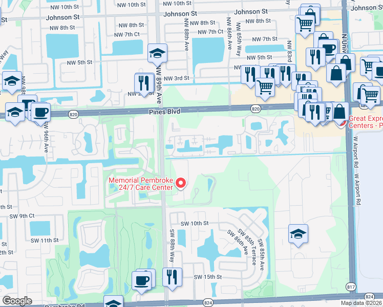 map of restaurants, bars, coffee shops, grocery stores, and more near 8621 Southwest 5th Street in Pembroke Pines