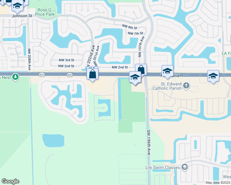 map of restaurants, bars, coffee shops, grocery stores, and more near 250 Southwest 198th Terrace in Pembroke Pines