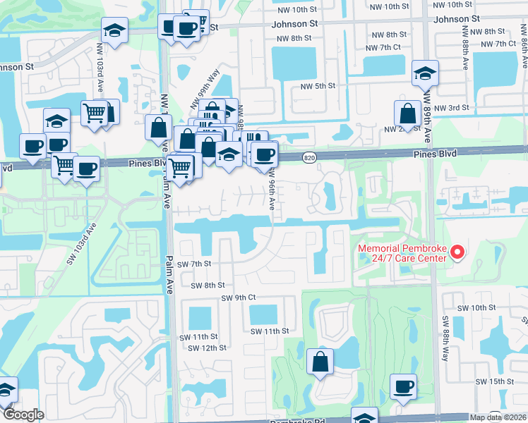 map of restaurants, bars, coffee shops, grocery stores, and more near 311 Southwest 96th Terrace in Pembroke Pines