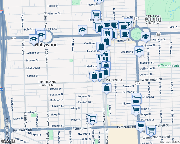 map of restaurants, bars, coffee shops, grocery stores, and more near 2205 Adams Street in Hollywood