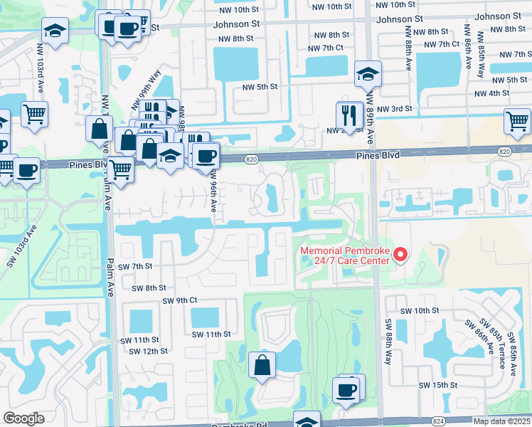 map of restaurants, bars, coffee shops, grocery stores, and more near 9453 Palm Circle East in Pembroke Pines