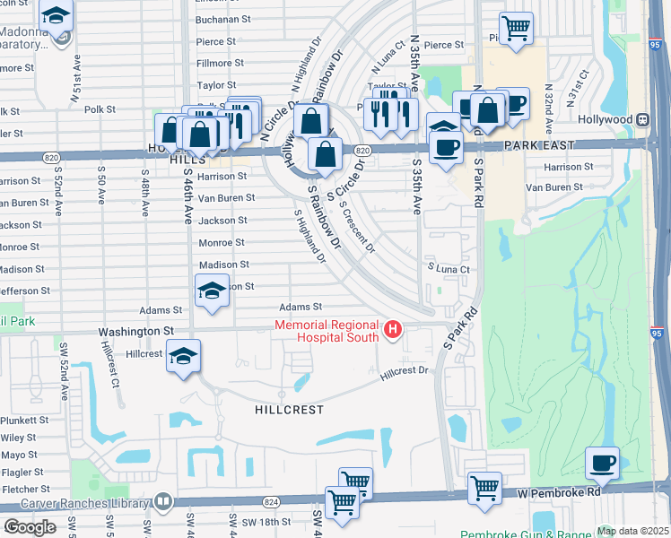 map of restaurants, bars, coffee shops, grocery stores, and more near 607 South Highland Drive in Hollywood