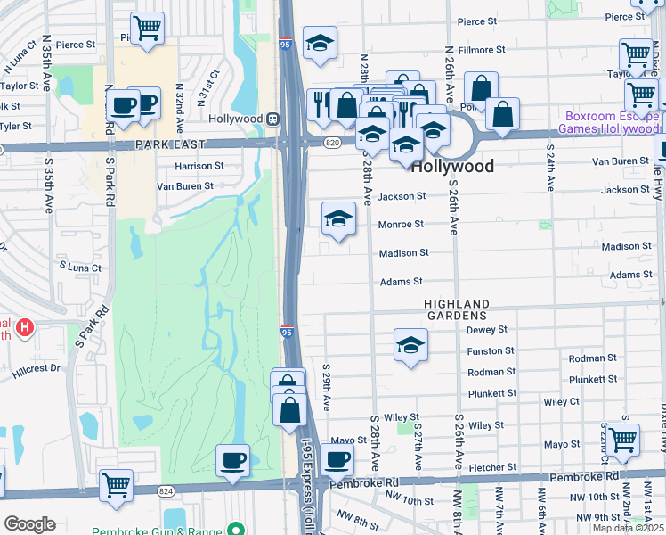 map of restaurants, bars, coffee shops, grocery stores, and more near 2834 Madison Street in Hollywood