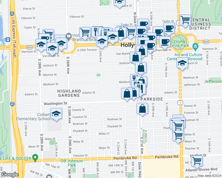 map of restaurants, bars, coffee shops, grocery stores, and more near 2303 Adams Street in Hollywood