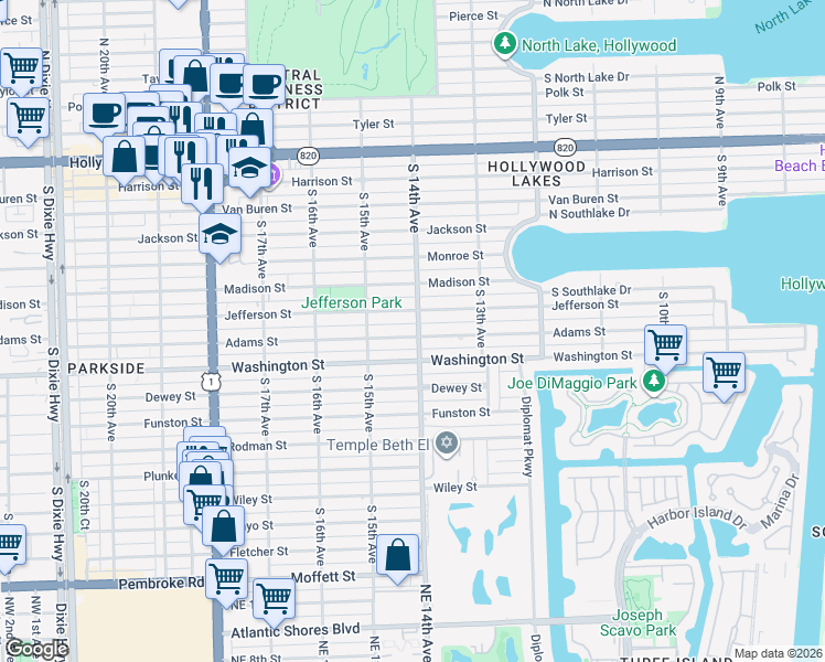 map of restaurants, bars, coffee shops, grocery stores, and more near 1355 Adams Street in Hollywood