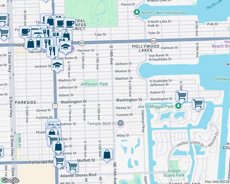 map of restaurants, bars, coffee shops, grocery stores, and more near 1355 Adams Street in Hollywood