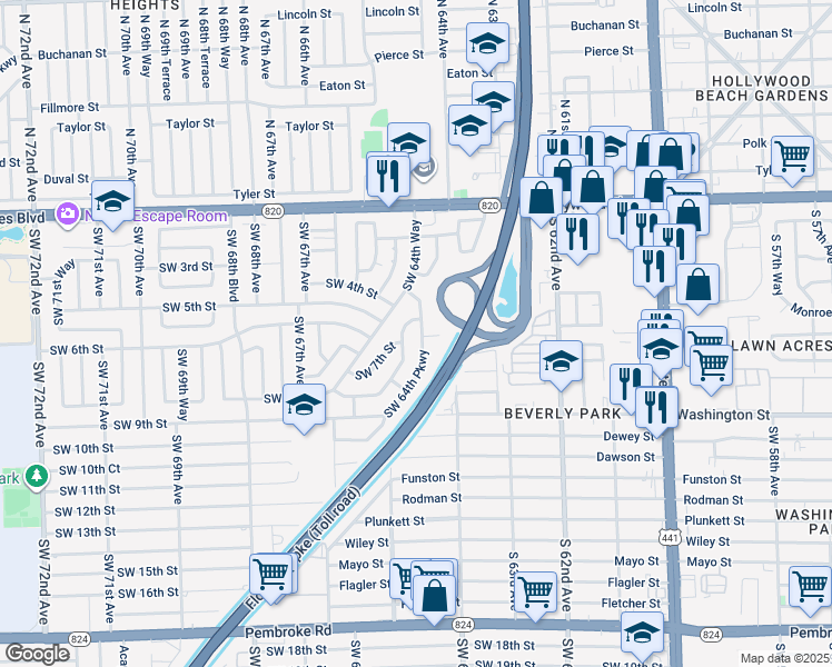 map of restaurants, bars, coffee shops, grocery stores, and more near 510 Southwest 64th Parkway in Pembroke Pines