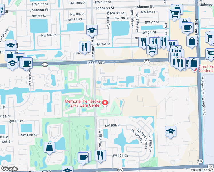 map of restaurants, bars, coffee shops, grocery stores, and more near 8713 Southwest 5th Street in Pembroke Pines