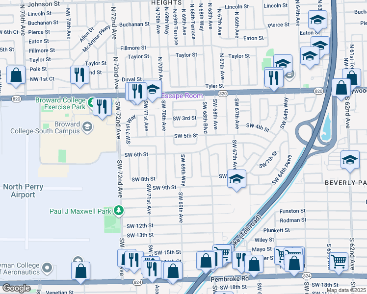 map of restaurants, bars, coffee shops, grocery stores, and more near 6930 Southwest 5th Court in Pembroke Pines