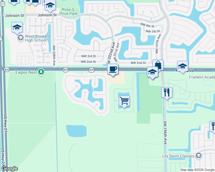 map of restaurants, bars, coffee shops, grocery stores, and more near 191 Southwest 203rd Avenue in Pembroke Pines