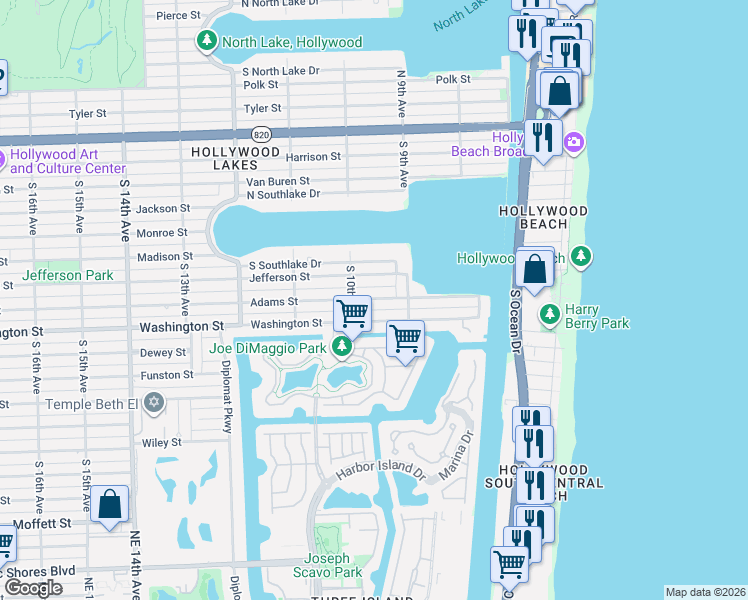 map of restaurants, bars, coffee shops, grocery stores, and more near 932 Adams Street in Hollywood