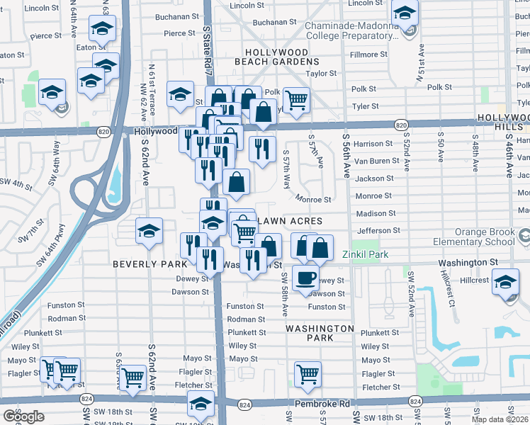 map of restaurants, bars, coffee shops, grocery stores, and more near 514 South 58th Terrace in Hollywood