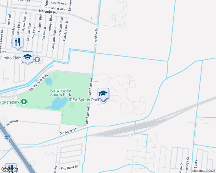 map of restaurants, bars, coffee shops, grocery stores, and more near Old Alice Road in Brownsville