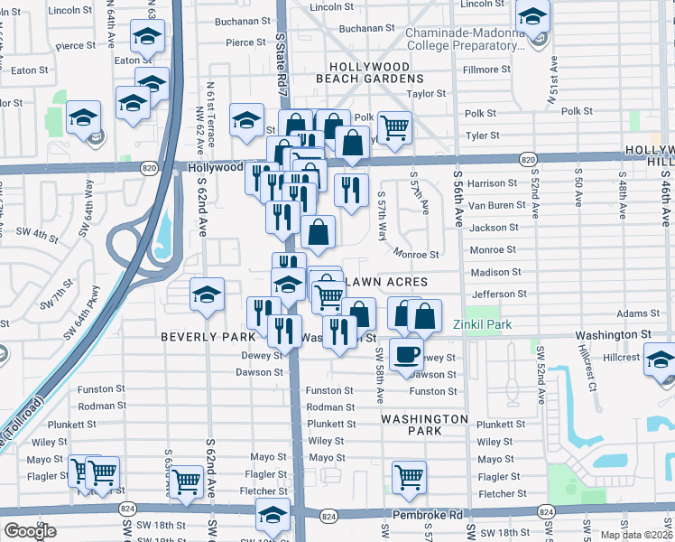 map of restaurants, bars, coffee shops, grocery stores, and more near 514 South 58th Terrace in Hollywood