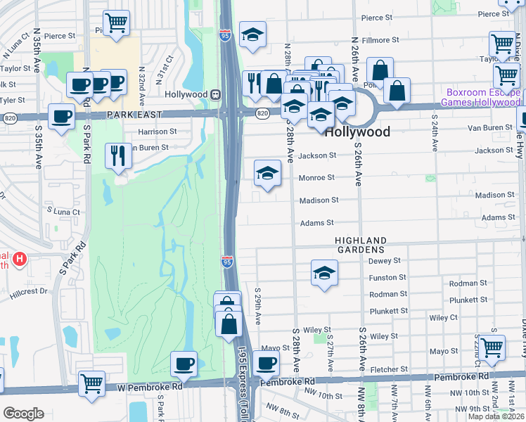 map of restaurants, bars, coffee shops, grocery stores, and more near 2834 Madison Street in Hollywood