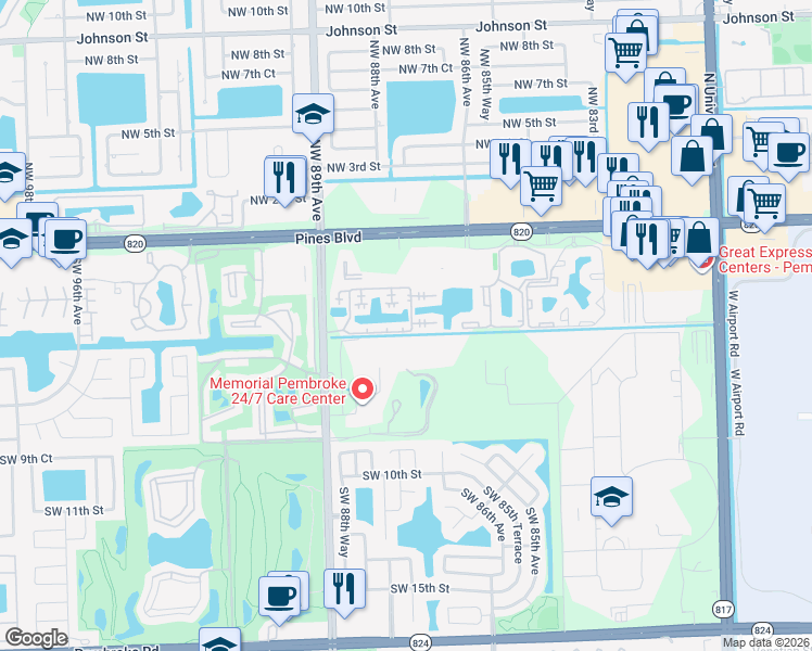 map of restaurants, bars, coffee shops, grocery stores, and more near 8779 Southwest 5th Street in Pembroke Pines