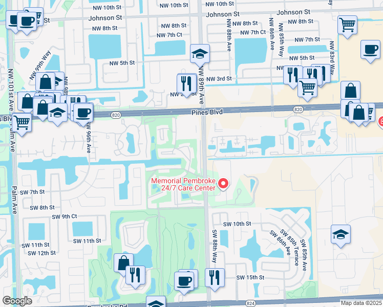 map of restaurants, bars, coffee shops, grocery stores, and more near 400 South Hollybrook Drive in Pembroke Pines