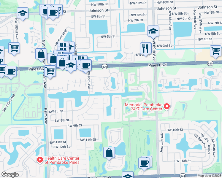 map of restaurants, bars, coffee shops, grocery stores, and more near 9453 Palm Circle East in Pembroke Pines