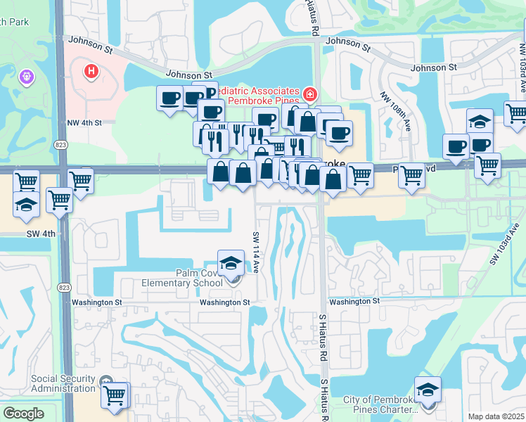 map of restaurants, bars, coffee shops, grocery stores, and more near 11366 Southwest 2nd Court in Pembroke Pines