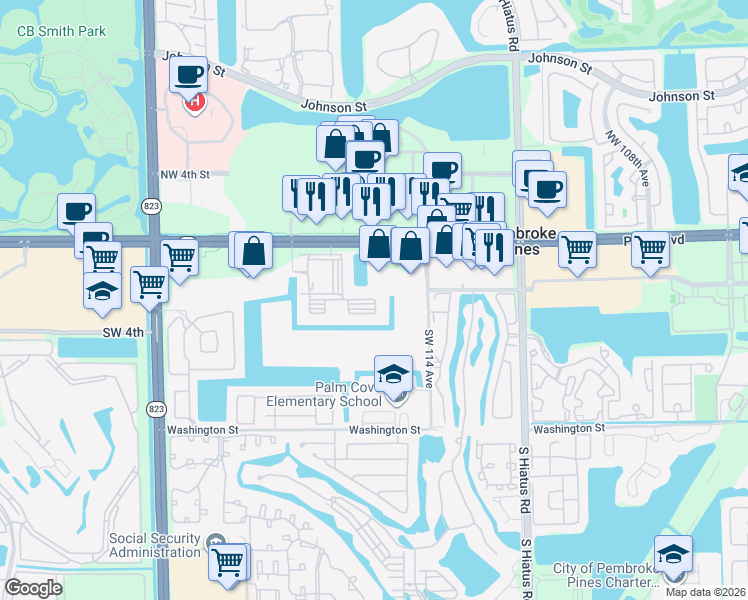 map of restaurants, bars, coffee shops, grocery stores, and more near 201 Southwest 116th Avenue in Pembroke Pines