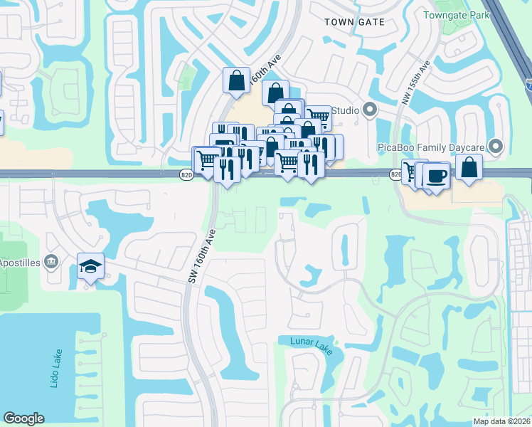 map of restaurants, bars, coffee shops, grocery stores, and more near 16000 Pines Boulevard in Pembroke Pines