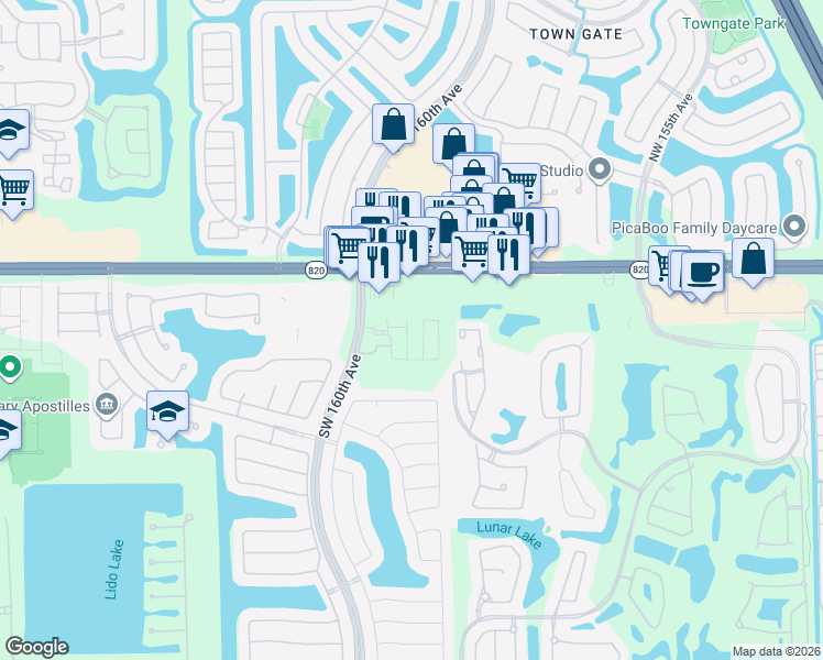 map of restaurants, bars, coffee shops, grocery stores, and more near 16000 Pines Boulevard in Pembroke Pines