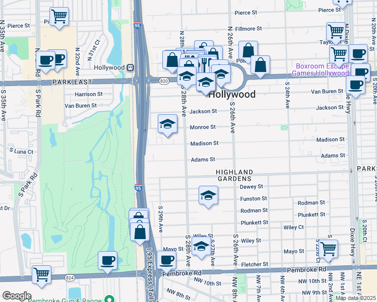 map of restaurants, bars, coffee shops, grocery stores, and more near 613 South 28th Avenue in Hollywood
