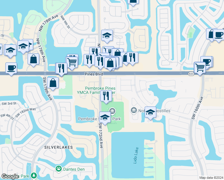 map of restaurants, bars, coffee shops, grocery stores, and more near 201 Southwest 172nd Avenue in Pembroke Pines