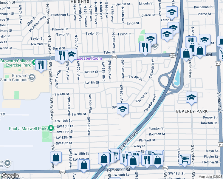 map of restaurants, bars, coffee shops, grocery stores, and more near 6750 Southwest 6th Street in Pembroke Pines
