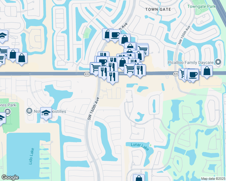 map of restaurants, bars, coffee shops, grocery stores, and more near 16000 Pines Boulevard in Pembroke Pines