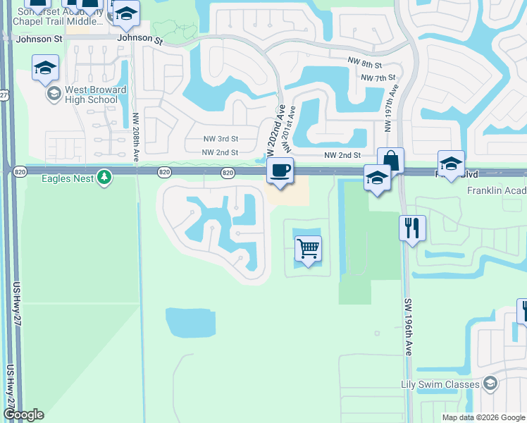 map of restaurants, bars, coffee shops, grocery stores, and more near 191 Southwest 203rd Avenue in Pembroke Pines