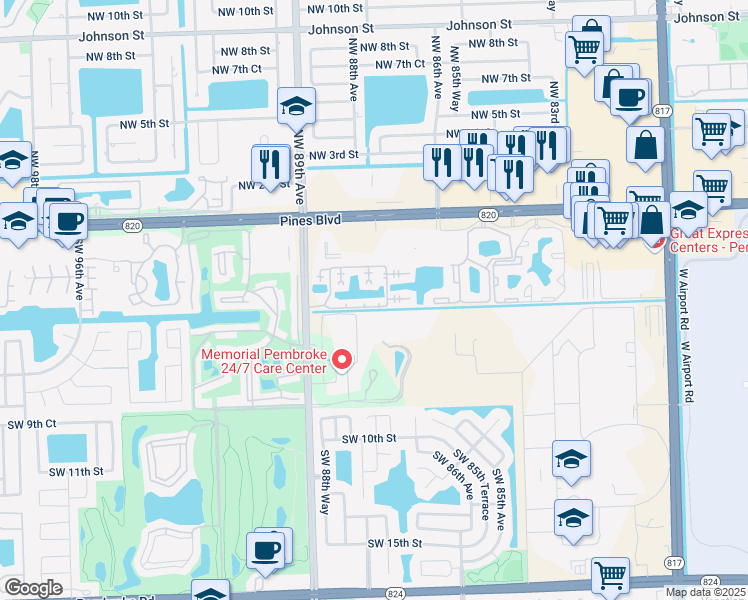 map of restaurants, bars, coffee shops, grocery stores, and more near 8621 Southwest 5th Street in Pembroke Pines