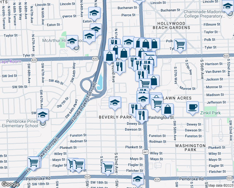 map of restaurants, bars, coffee shops, grocery stores, and more near 6136 Monroe Street in Hollywood