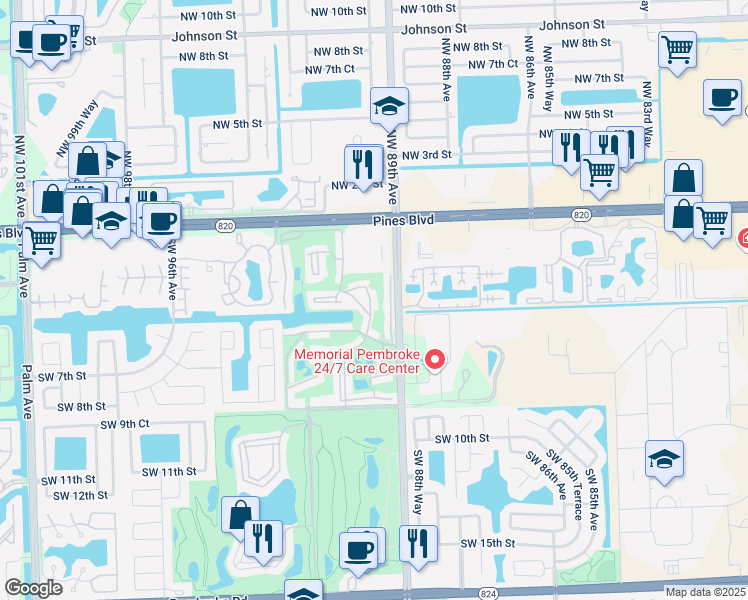 map of restaurants, bars, coffee shops, grocery stores, and more near 400 South Hollybrook Drive in Pembroke Pines