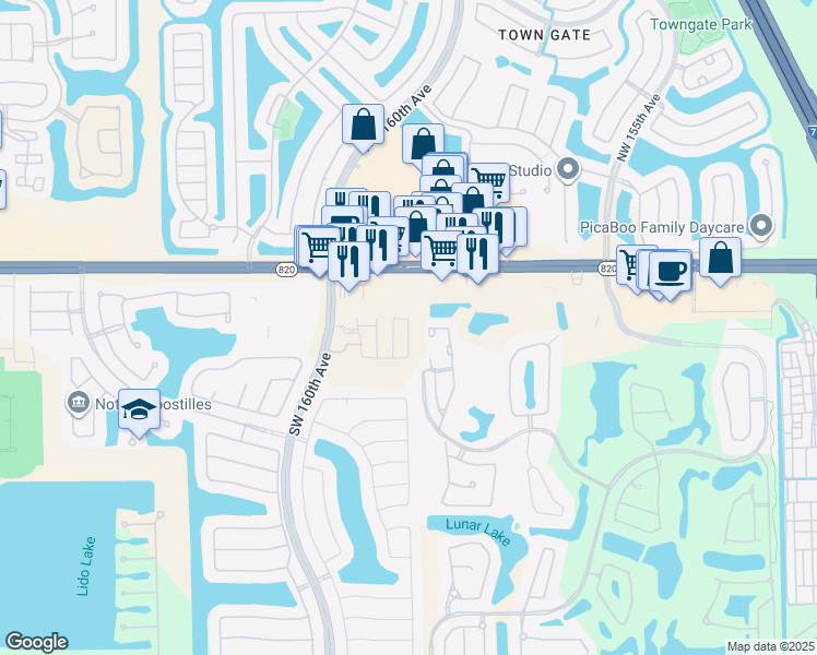 map of restaurants, bars, coffee shops, grocery stores, and more near 16000 Pines Boulevard in Pembroke Pines