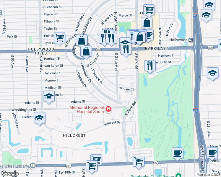 map of restaurants, bars, coffee shops, grocery stores, and more near 617 South Crescent Drive in Hollywood