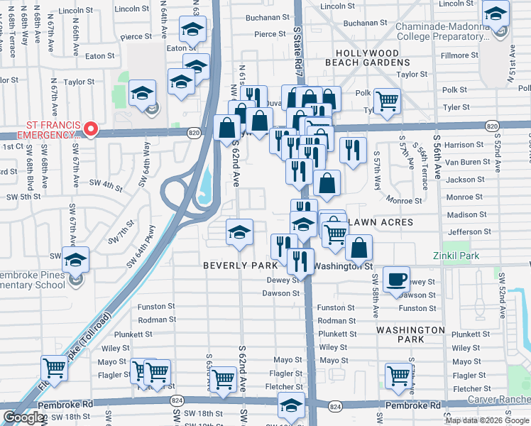 map of restaurants, bars, coffee shops, grocery stores, and more near 523 South 61st Avenue in Hollywood