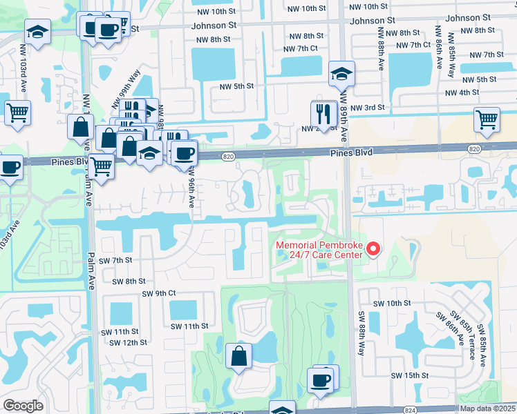 map of restaurants, bars, coffee shops, grocery stores, and more near 9453 Palm Circle East in Pembroke Pines
