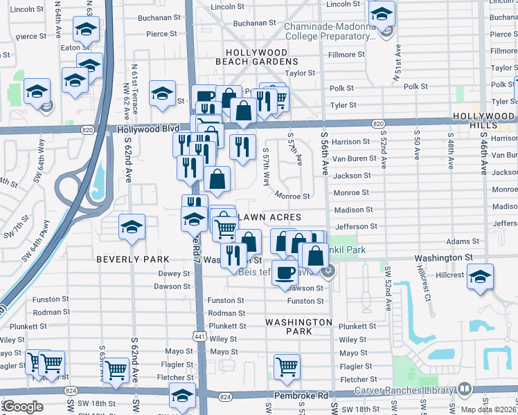 map of restaurants, bars, coffee shops, grocery stores, and more near 5745 Madison Street in Hollywood