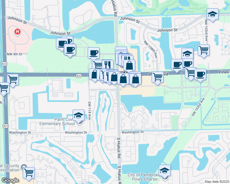 map of restaurants, bars, coffee shops, grocery stores, and more near 11200 Southwest 2nd Place in Pembroke Pines