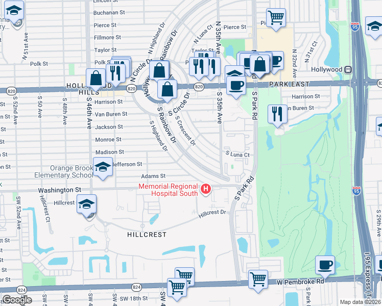 map of restaurants, bars, coffee shops, grocery stores, and more near 609 South Rainbow Drive in Hollywood