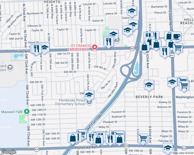 map of restaurants, bars, coffee shops, grocery stores, and more near 6610 Southwest 6th Street in Pembroke Pines