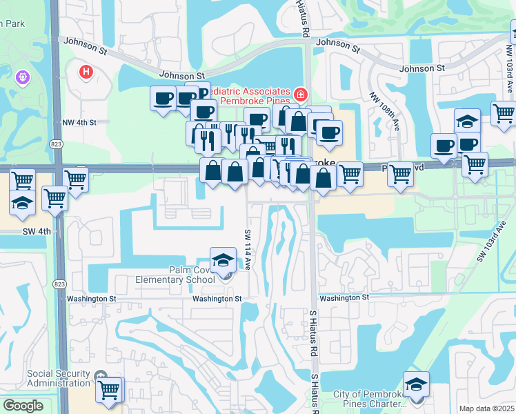 map of restaurants, bars, coffee shops, grocery stores, and more near 11366 Southwest 2nd Court in Pembroke Pines