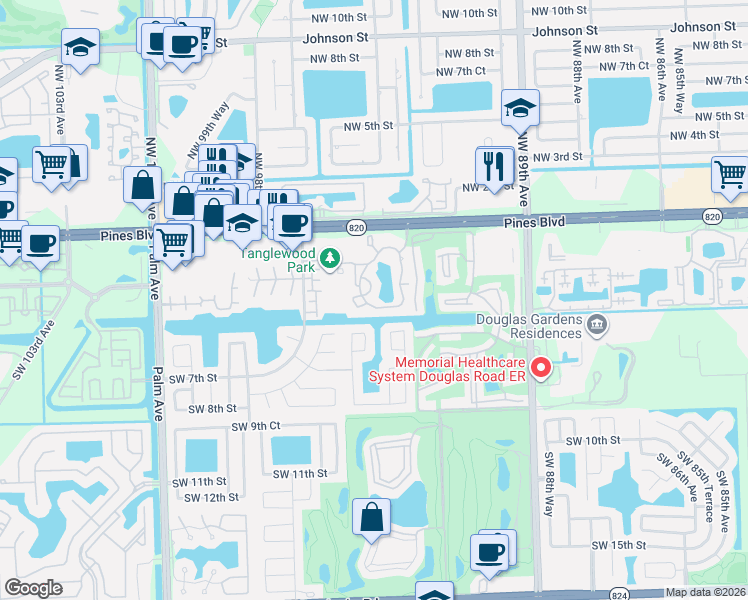 map of restaurants, bars, coffee shops, grocery stores, and more near 400 Palm Way in Pembroke Pines