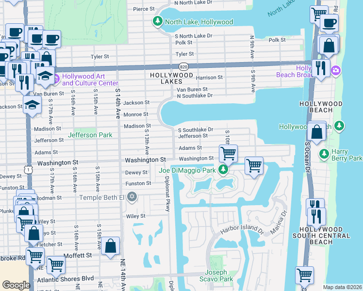 map of restaurants, bars, coffee shops, grocery stores, and more near 725 South 12th Avenue in Hollywood